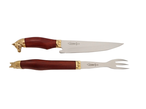 Garfo para churrasco touro dourado personalizável com 5 dentes e base de  madeira - Tamaru Gourmet