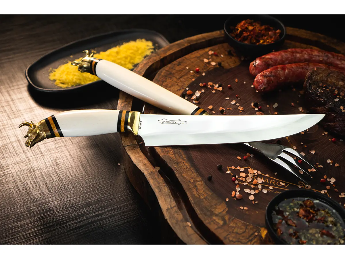 Kit para Churrasco 9" Zakharov Golden Bull Garfo Longo Cabo de Osso no Estojo de Madeira